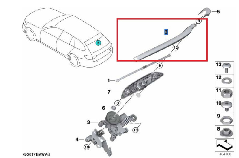 Bras D'essuie-glace Arrière Pour BMW Série 5 Touring F11 - Facile à Installer, Noir, 350 Mm